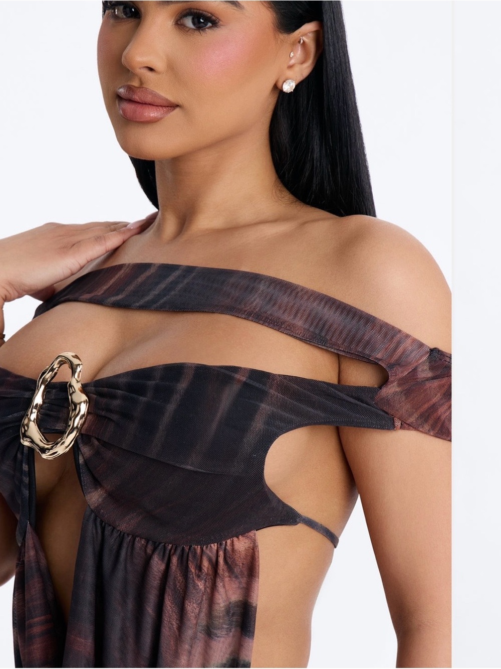 Fashion Nova Strapless Brown & Black Tie-Dye Drape Front Dress with Gold Ring - Picture 2 of 3